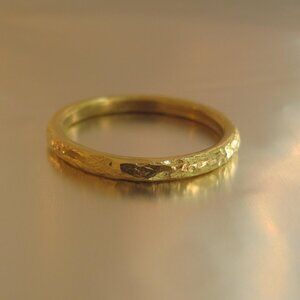 14k yellow gold Unisex hammered wedding ring.Full round ring,handmade unique